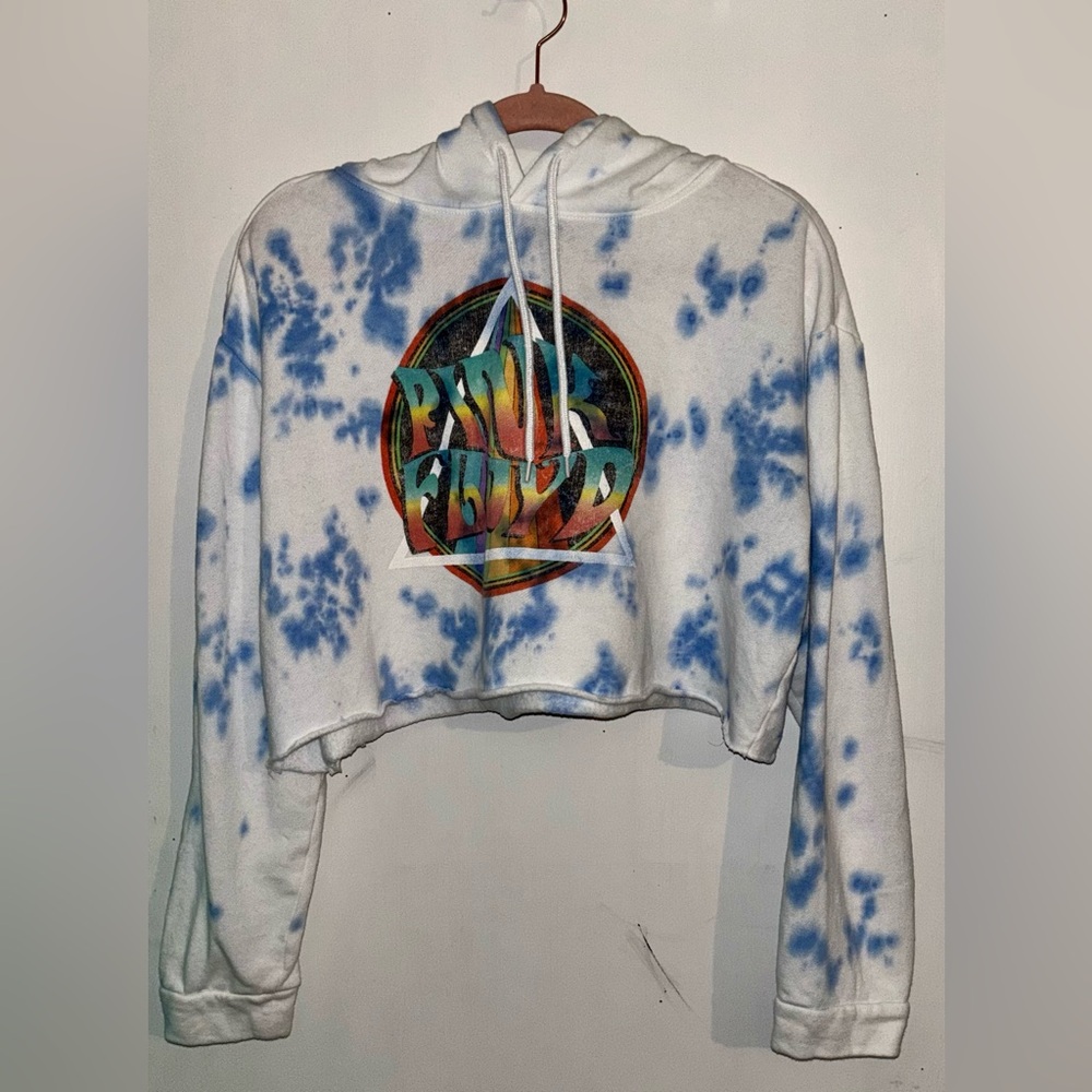 Tie-Dye Cropped Hoodie Sweatshirt with Pink Floyd Graphic Size L